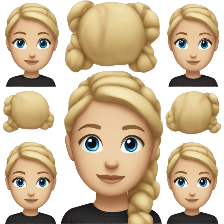 a woman with freckles, blue eyes, light skin, blonde straight hair with a bun. black shirt. emoji