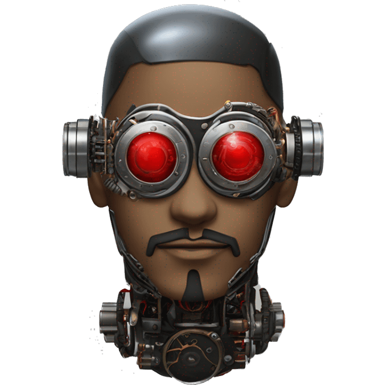 Round cyborg head with red steampunk goggles, black goatee and circuits emoji