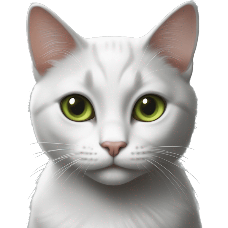 Black cat with olive green eyes, a little white patch of fur on her chest, and two white whiskers on her right side. emoji