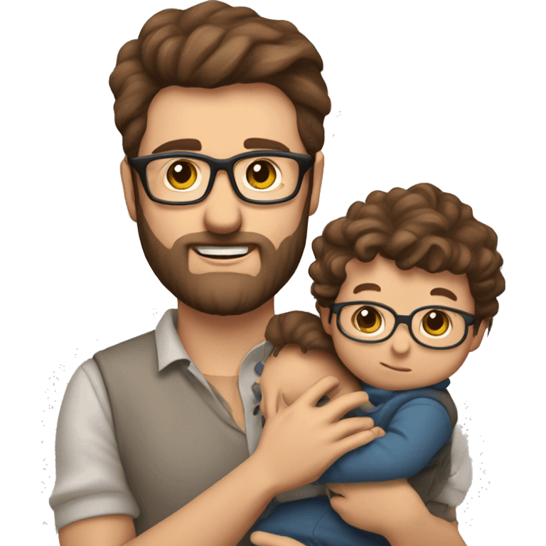 Dad brown hair and glasses with 3 day beard with child less hair (4 Month old) holding him on arm. Dad is a stock investor emoji