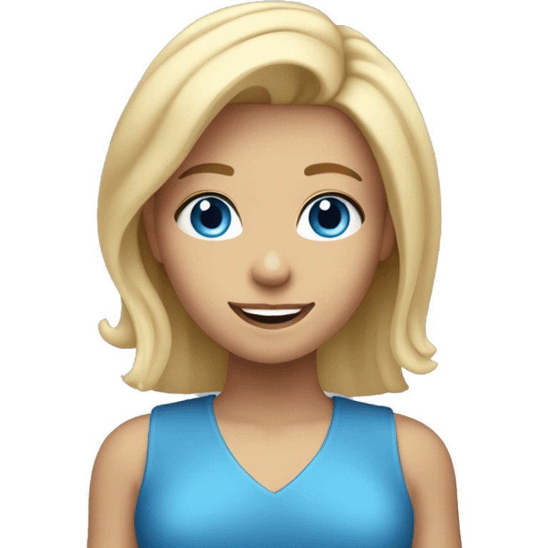 Blonde girl with medium hair, blue eyes, waving hi to the camera emoji