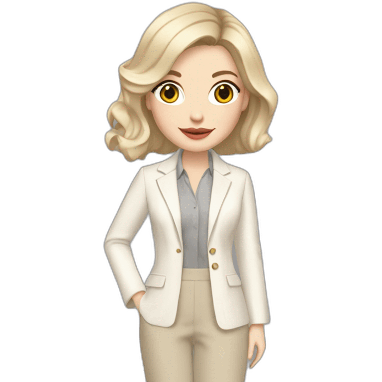 pale skin woman with ash blonde Straightened bob Hair, White Spacious classical jacket, beige palazzo Arrow pants and gray blouse holding a color palette in the hands emoji