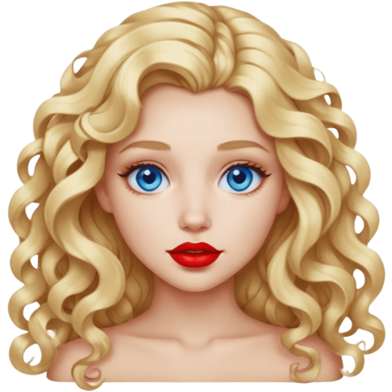 blonde girl with long curly hair, full red lips, blue eyes emoji