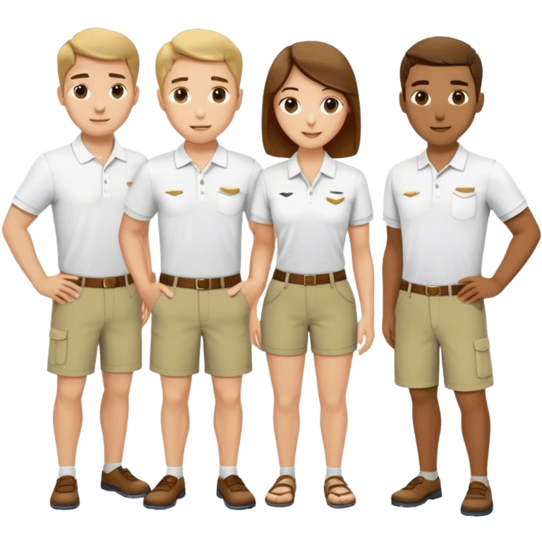 Group of pool attendants. white polos, khaki shorts.  emoji