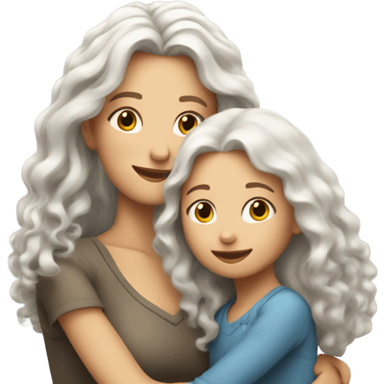 mum with straight long White hair and daughter with long curly hair hugging emoji