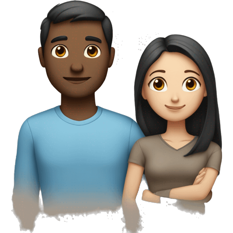 Couple embracing with arms around each other; white woman with blue eyes and brown hair, Indian man with black hair  emoji