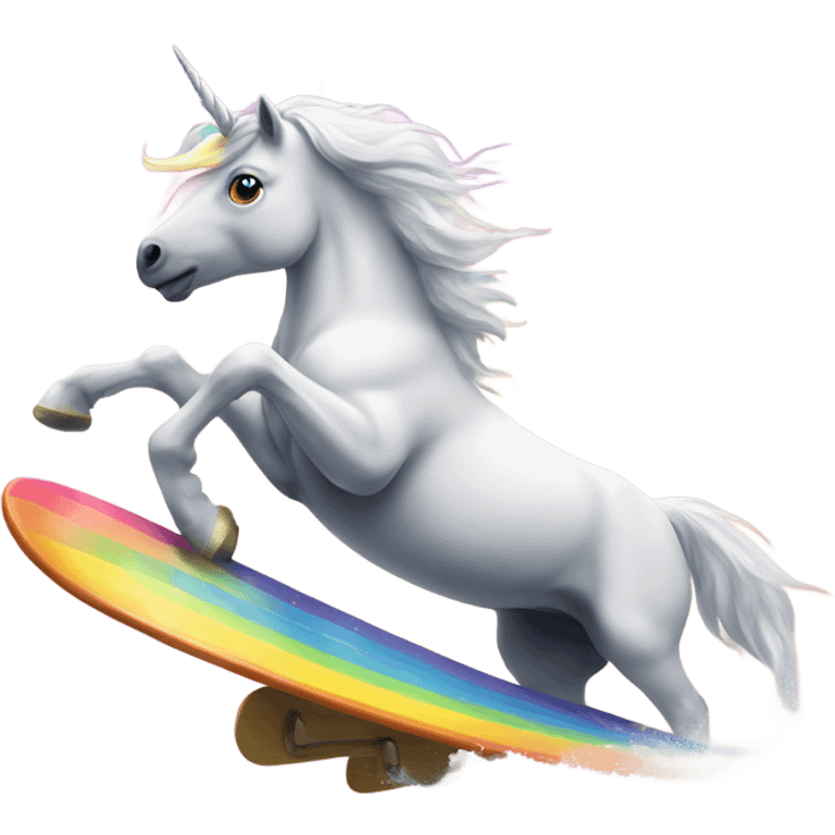 Unicorn surfing on a rainbow emoji