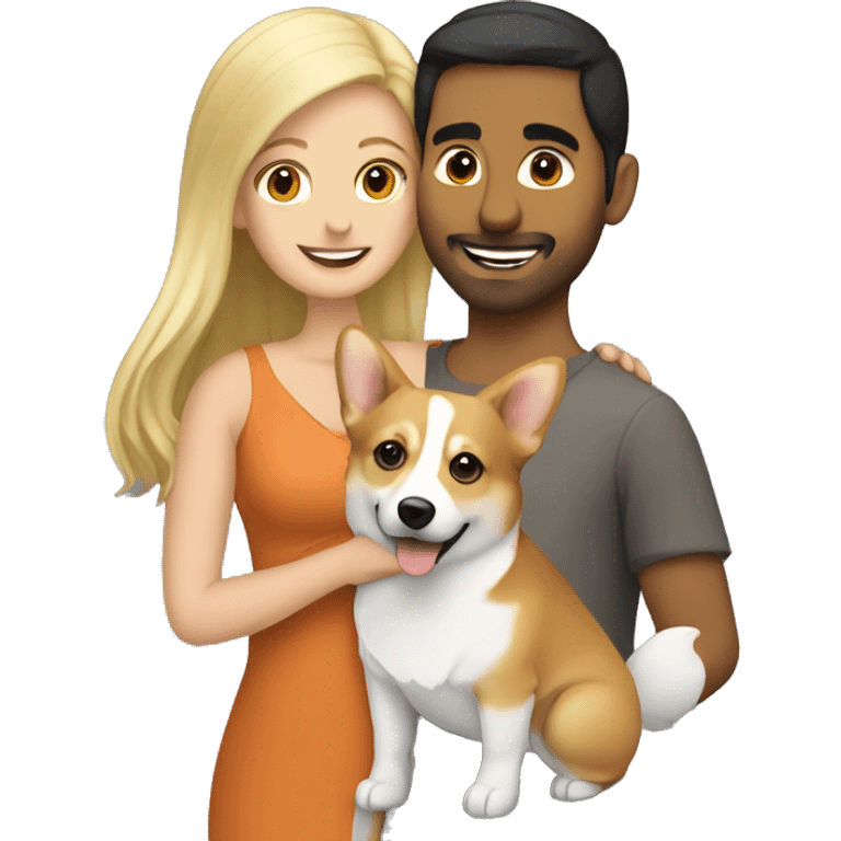 blonde girl with arab guy holding a corgi in their arms emoji