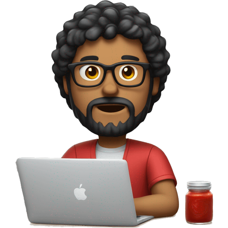 Designer with black hair, beard and glasses working with MacBook and ketchup emoji