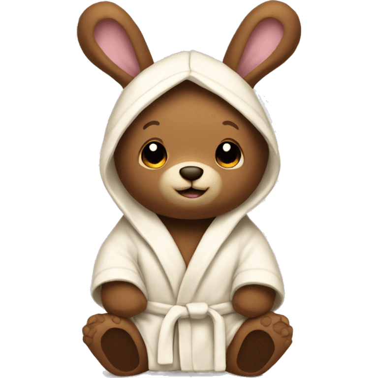 Brown stuffed animal bear wearing a cream bathrobe with bunny ears on it emoji