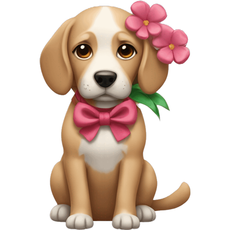 dog with bow holding flower emoji