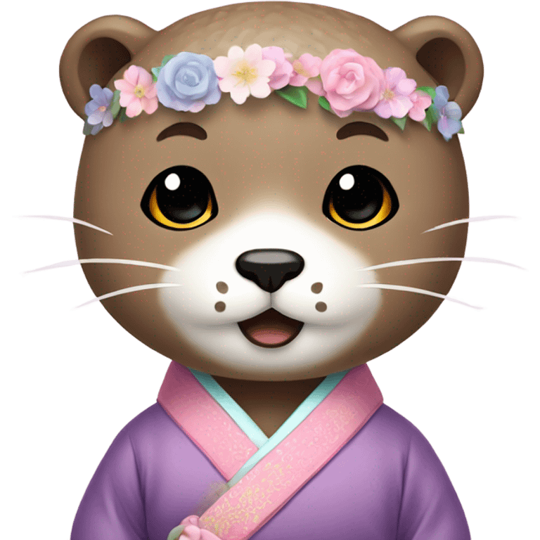 An otter emoji face dressed in pastel-colored traditional Korean hanbok emoji