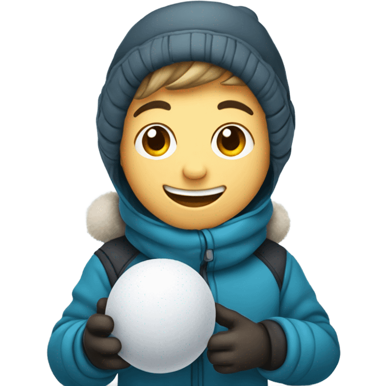 smiling boy in winter gear holding a snowball emoji