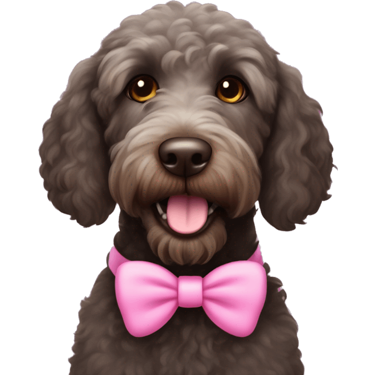 Black labradoodle female dog brown eyes with pink bows on her ears and pink collar on with the name Bonnie emoji