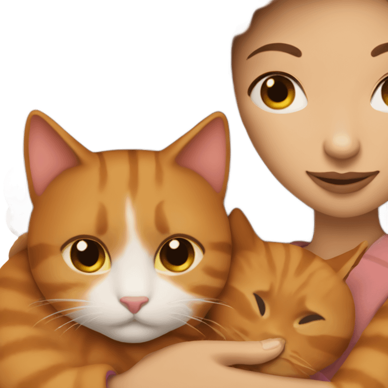 Brunette woman snuggling ginger cat emoji