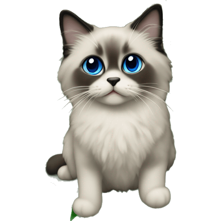 Blue colorpoint ragdoll kiten with dark face and nose climbing a Christmas tree emoji