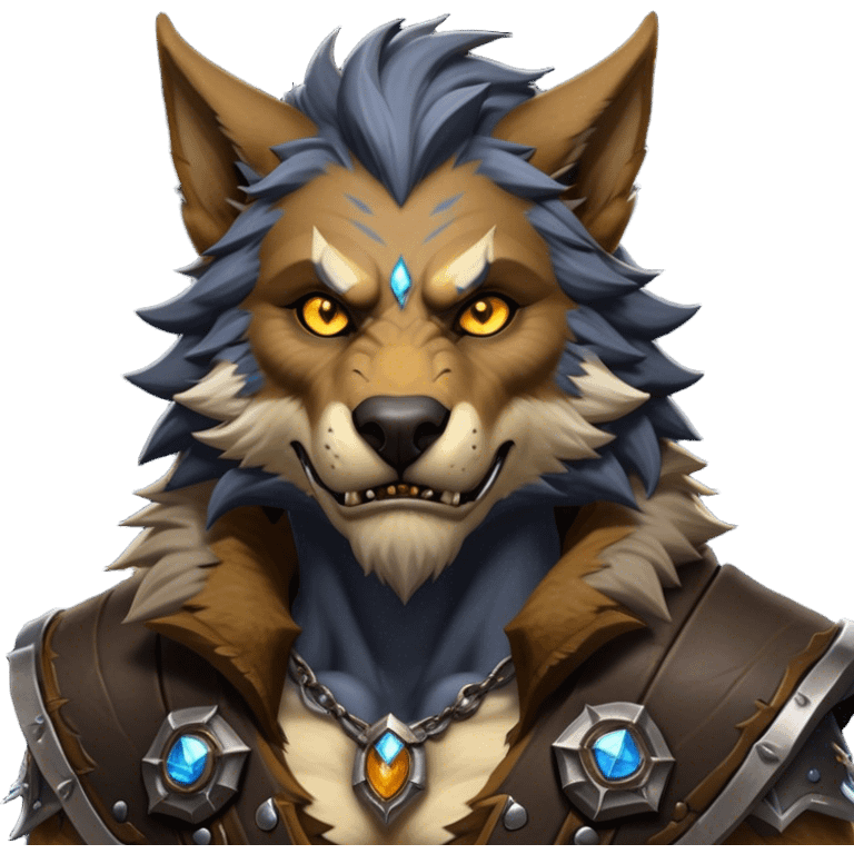 Cinematic Realistic WoW Worgen Portrait, head tilted epicly and inquisitively, showcasing the striking fusion of human intellect and beastly ferocity. His rugged fur and tanned skin, accented by piercing amber eyes and meticulously rendered worn leather garments, are bathed in dynamic lighting, high shine, epic and awe-inspiring, capturing the relentless spirit of a worgen at the apex of his power. emoji