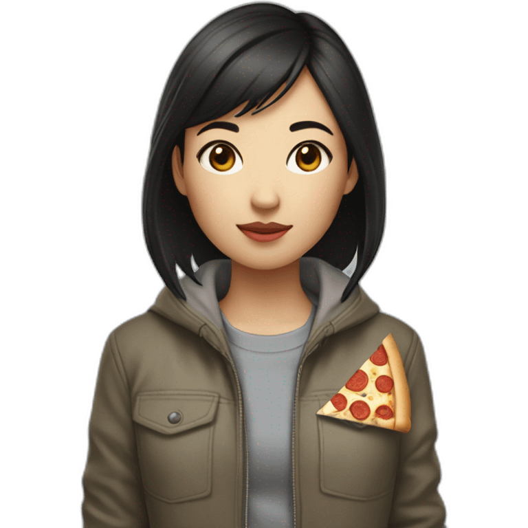 a girl of Asian appearance with short dark hair with a jacket that says: London street, eating pizza  emoji