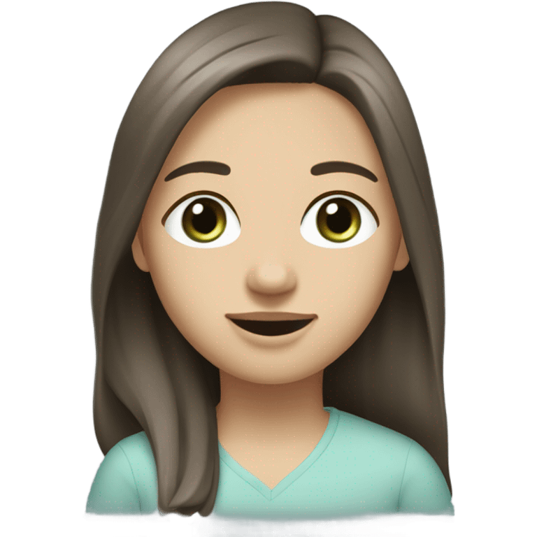 mid length straight to wavy dark cold brown hair greyish blue/green medium to little eyes straight thin nose medium lips pale skin, straight white teeth  emoji