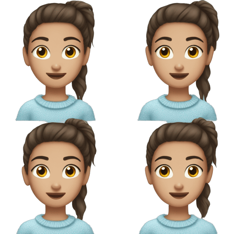 teenage girl, hispanic, freckles, afro brown hair, pony tail, short hair, brown eyes, light blue sweater, winter sweater, freckles, face dots emoji