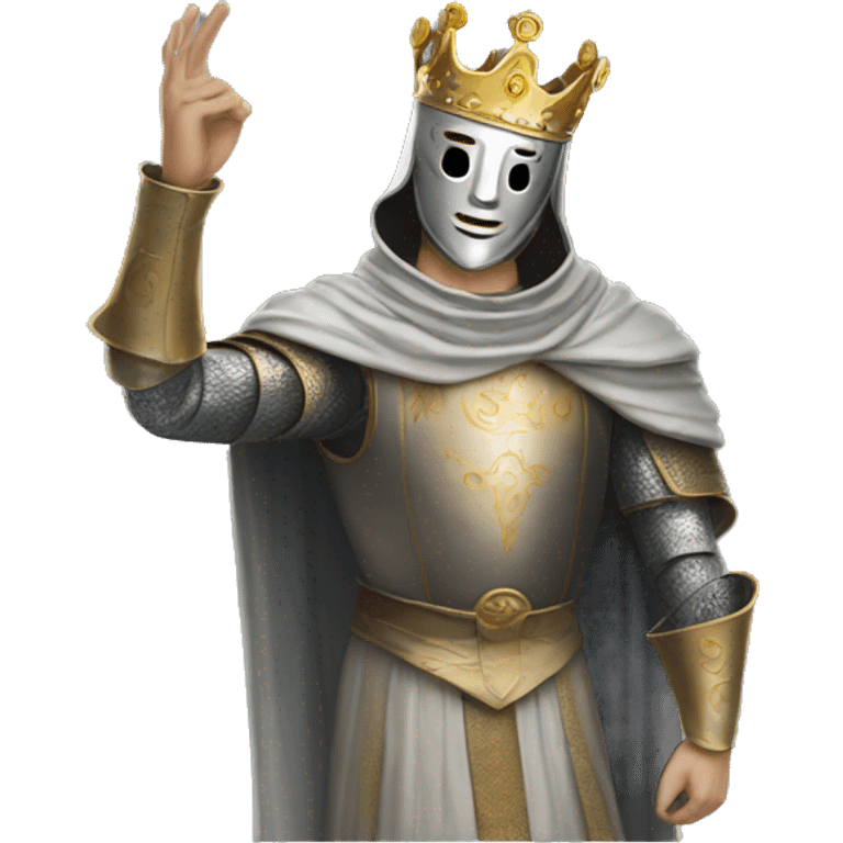 king baldwin IV in silver full face mask up who raises his right hand with the mask emoji