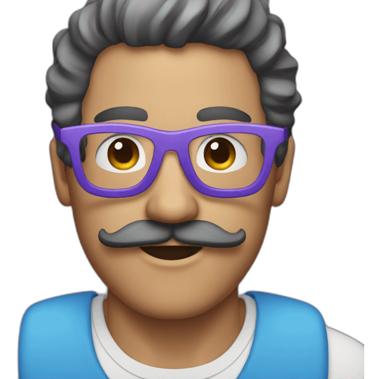 man with a mustache, a blue headband on his head and light purple glasses emoji