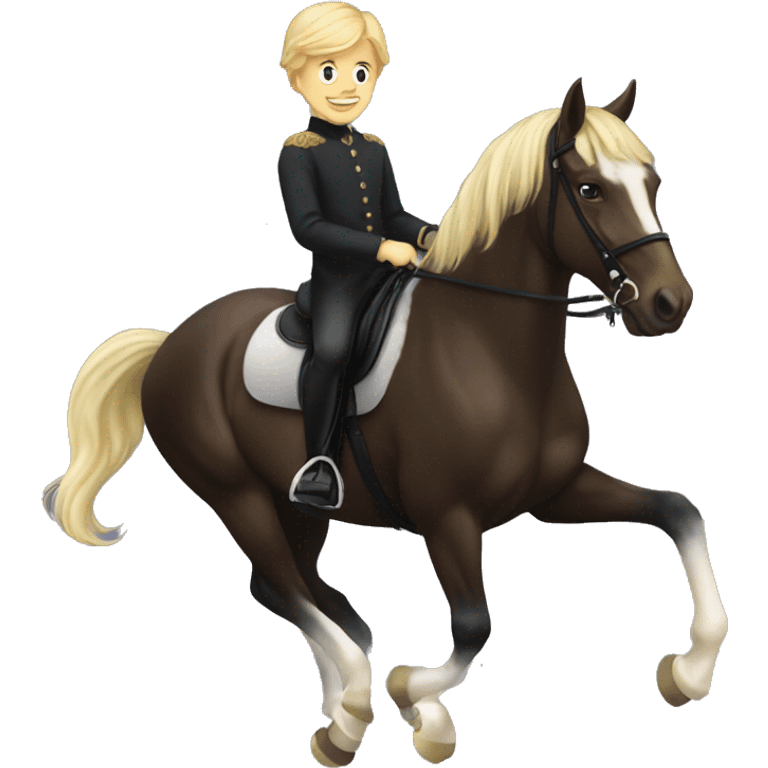 A blonde boy riding a dark bay dressage horse emoji