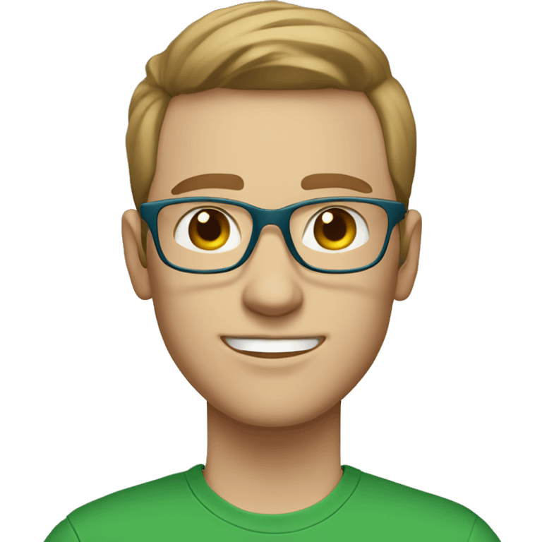 white young man blue eyes and light brown hair and square glasses wearing green t-shirt using laptop emoji