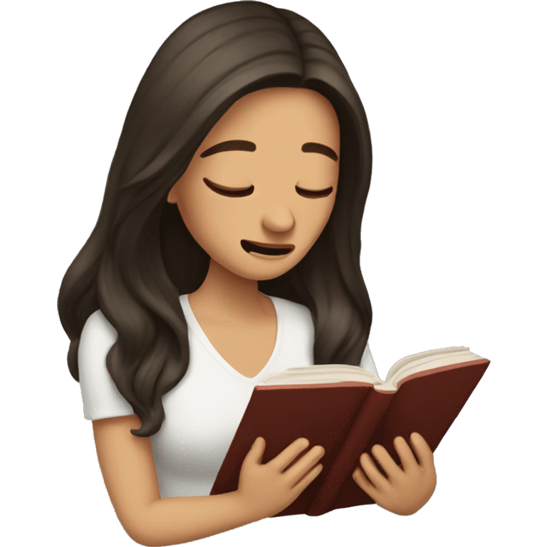 brunette long hair woman crying tears down face while holding and reading book emoji