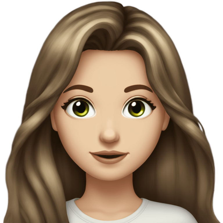 White girl green eyes with very long length voluminous brown hair with brown highlights balayage bangs emoji