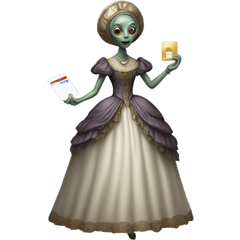 alien galora in Victorian dress elegant, full body, holding big credit card emoji