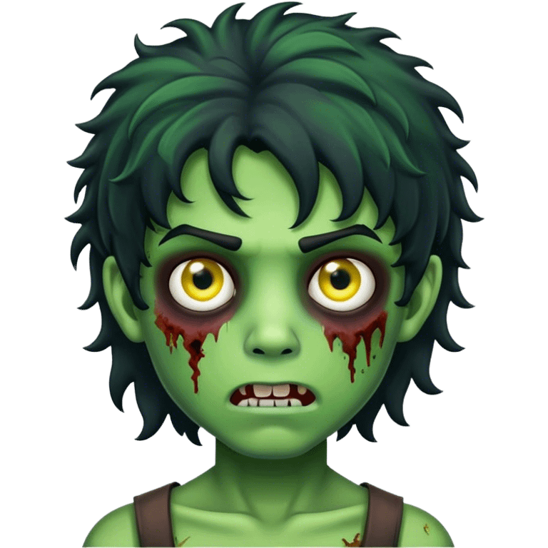 boy zombie with black curly hair mullet with green skin emoji