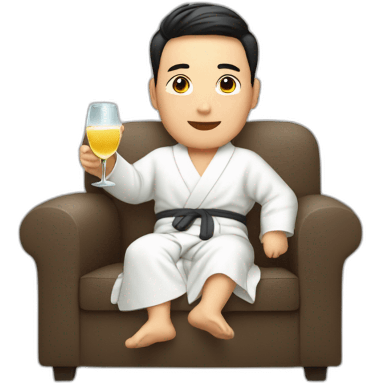 A Korean man in a bathrobe on the sofa with a glass of champagne emoji