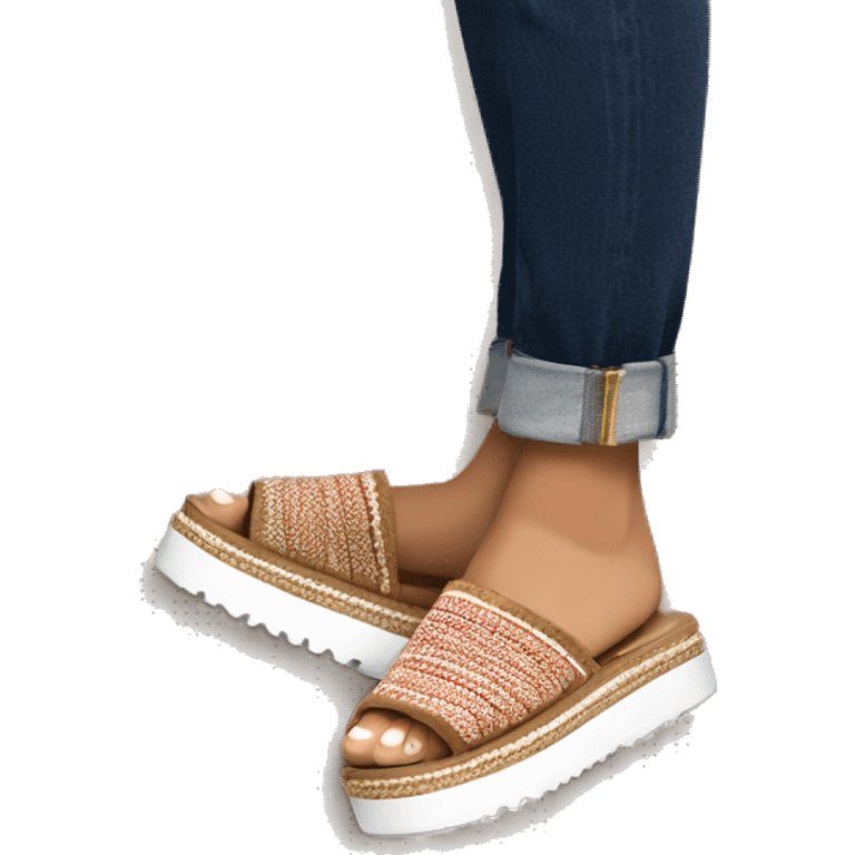 Camel color, very chunky platform, slip-on UGG slippers. Very thin red and white woven zig-zag trim line detail on the cuff emoji