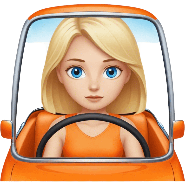 A cinematic realistic blonde with blue eyes is driving an orange car emoji