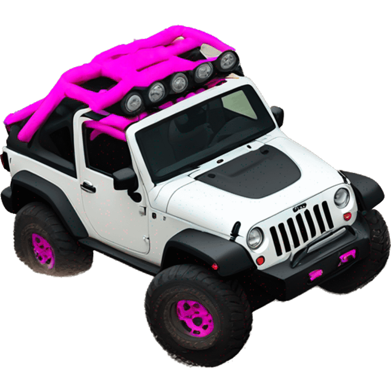 white jeep wrangler lifted on mud tires with hot pink door handles  emoji