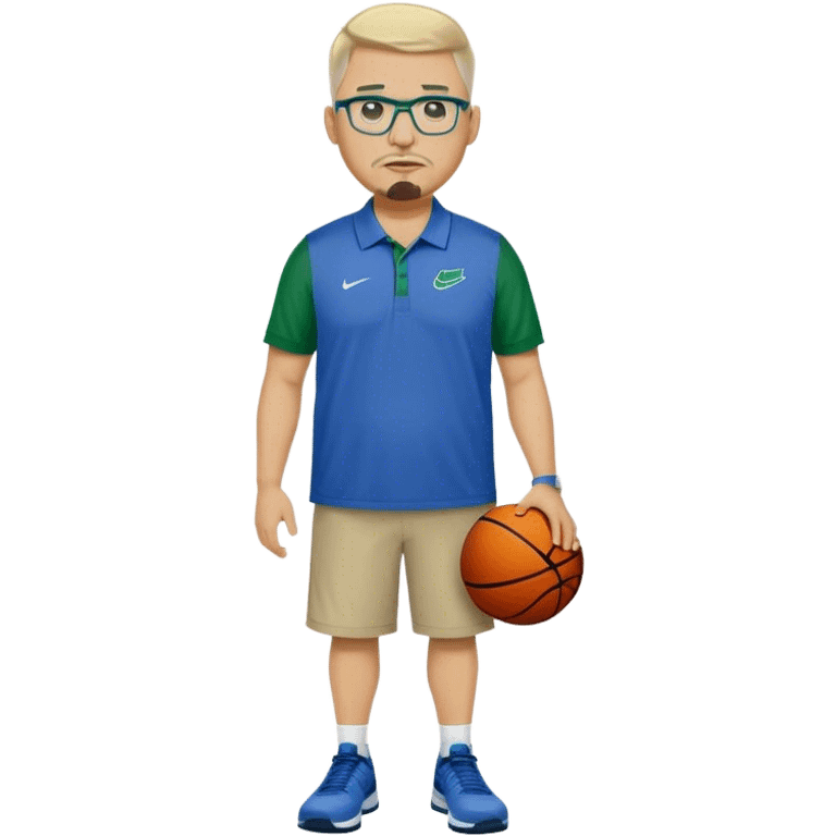 Full Body white male plus size wearing glasses with a goatee with light blonde and gray very short hair mad basketball head Coach in blue and green wearing Nike polo emoji