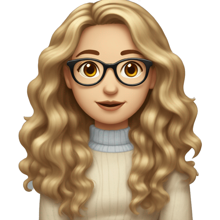 Girl with brown wavy long hair with blonde highlights, pale skin, red cheeks, brown rounded glasses, oval face, round nose and freckles   emoji