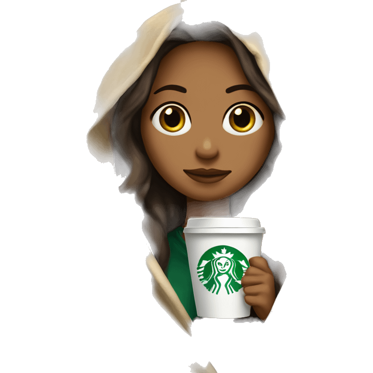 Brune girl inside a blanket beige,  sipping coffee starbucks  with big eyes green emoji