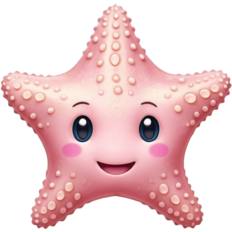 Cinematic cute round starfish, pastel pink, soft bumpy texture, tiny happy face, slightly tilted, glowing warmly, sparkling with gentle ocean magic. emoji