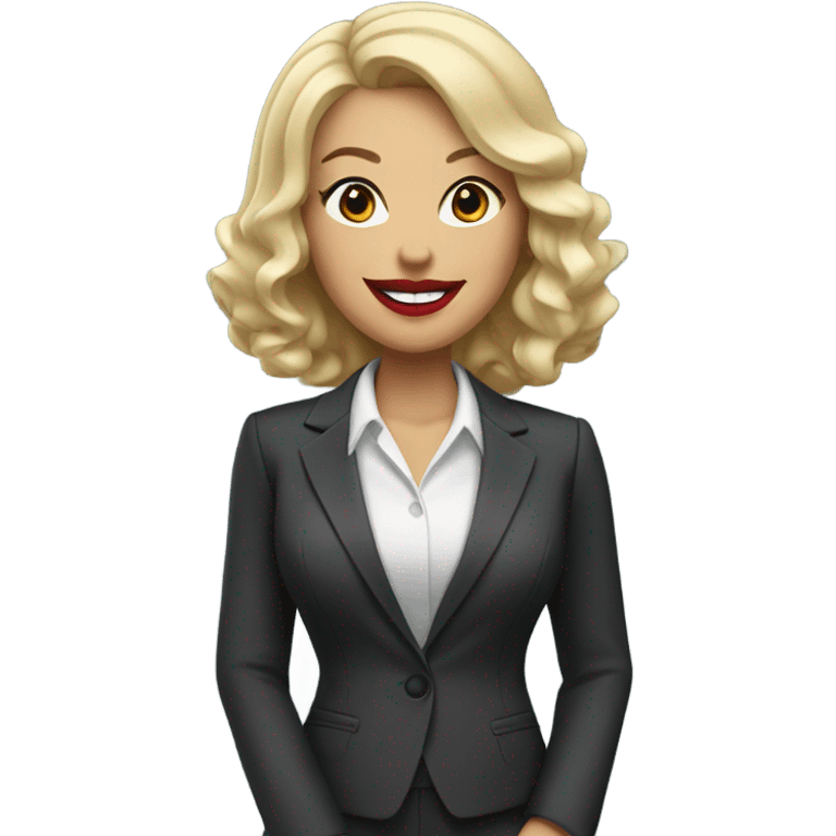 blonde woman with suit and red lipstick smiling emoji