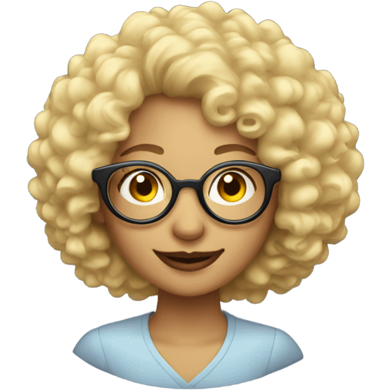 A round moon on which sits a blonde woman with curly hair and glasses, smiling. emoji