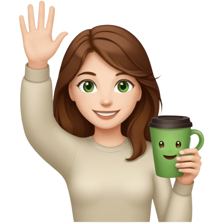 Long, Brown haired girl with green eyes, smiling, waving with one hand, coffee cup in the other emoji