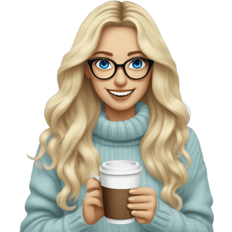 Blonde balayage long hair white women sweater blue eyes and small glasses holding coffee emoji