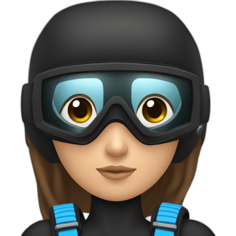 a woman with an a black scubadiver suit. she has blue eyes inside the dive mask. brown long and straight hair emoji