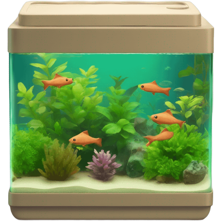 Rectangular fish tank, beige lid and wedges with green plants inside  and  fish in neon colors  emoji