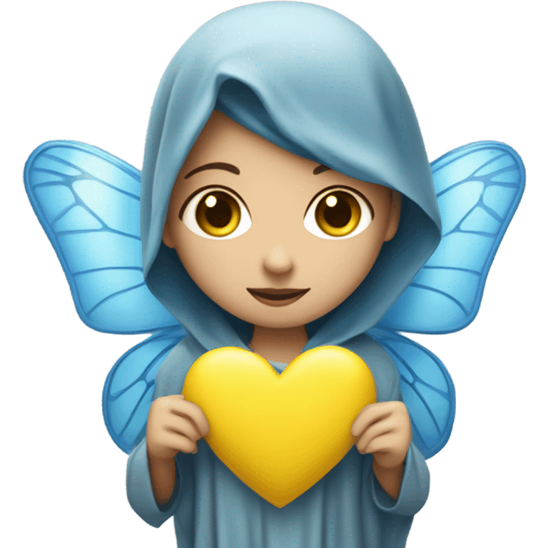 Veiled girl with blue butterfly wings with yellow heart and camera  emoji