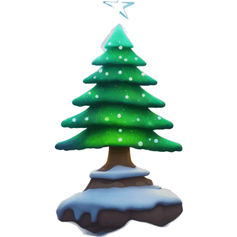 Christmas tree with snow covering, sits under northern lights emoji