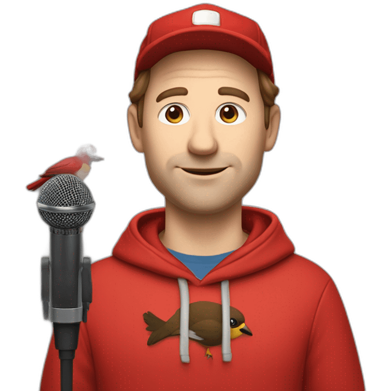 forty-something white man with brown hair, a red cap and a red hoodie holds a microphone, a bird rests on his shoulder  emoji