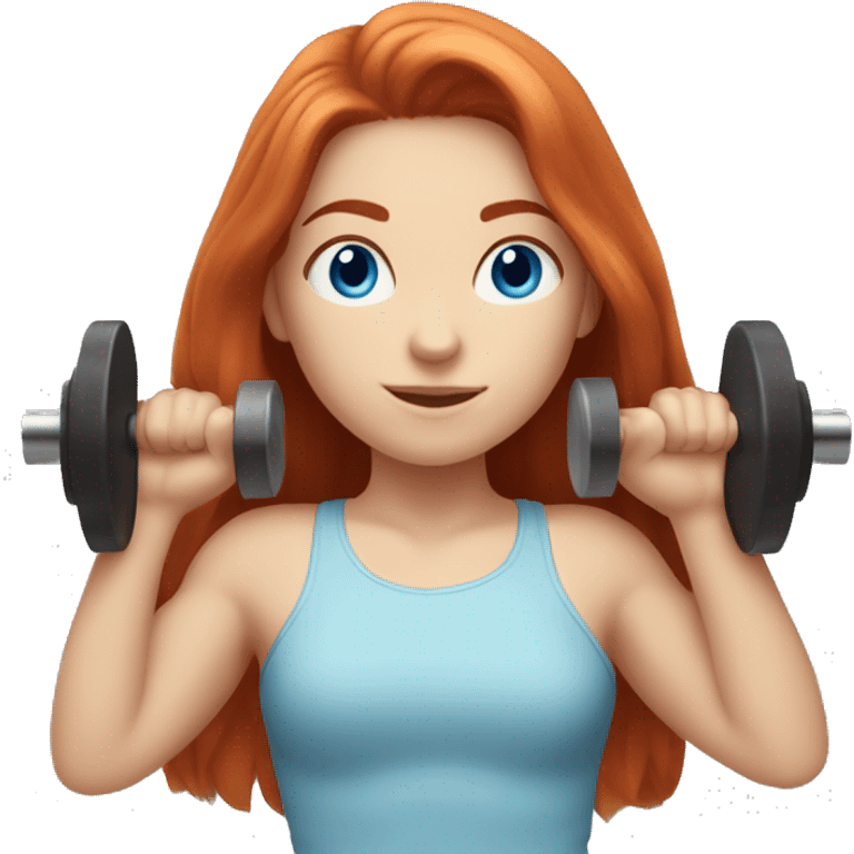 A long-haired red-haired girl with fair skin and blue eyes is pressing the barbell emoji